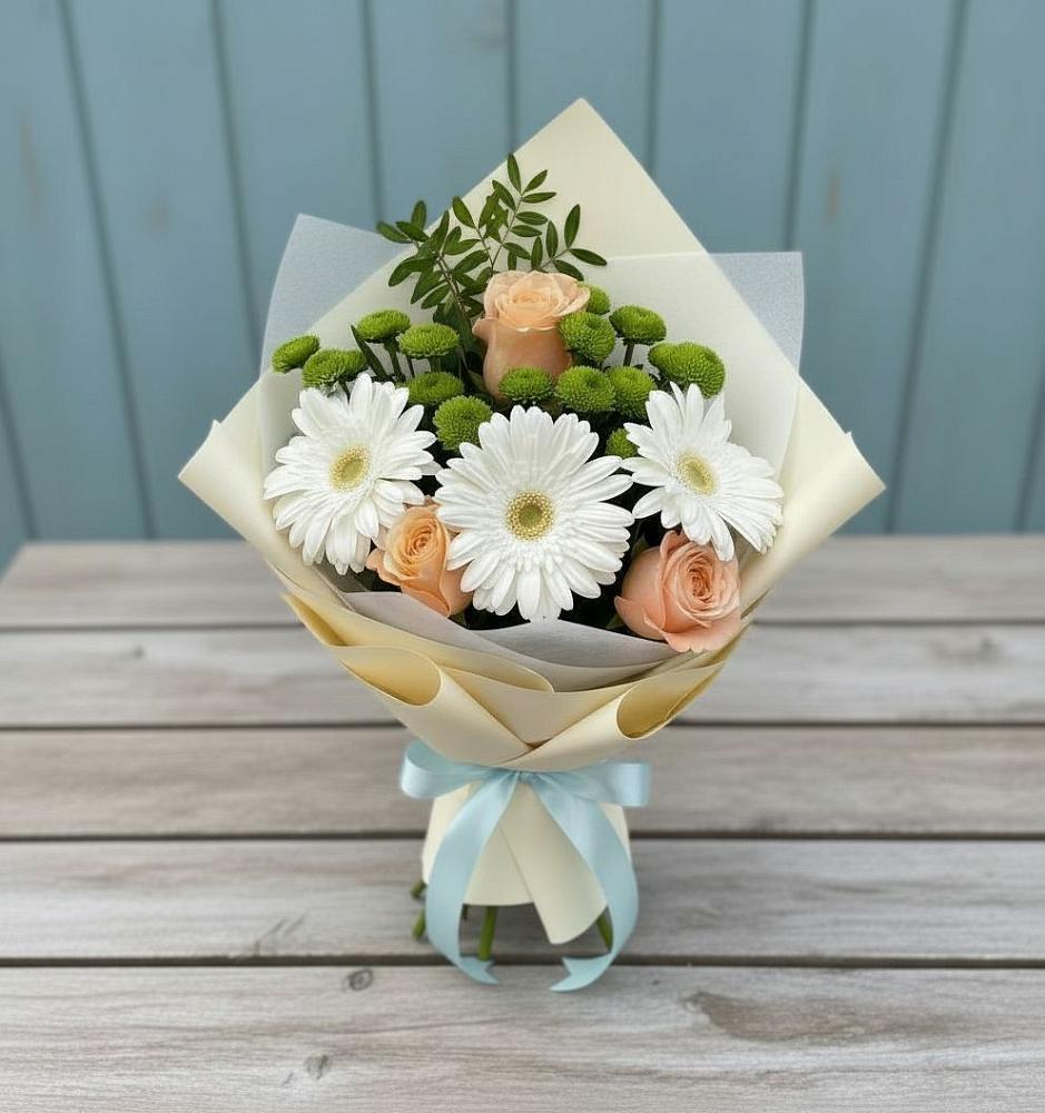 Букет цветов из: Герберы, Розы и Хризантемы в Апастово