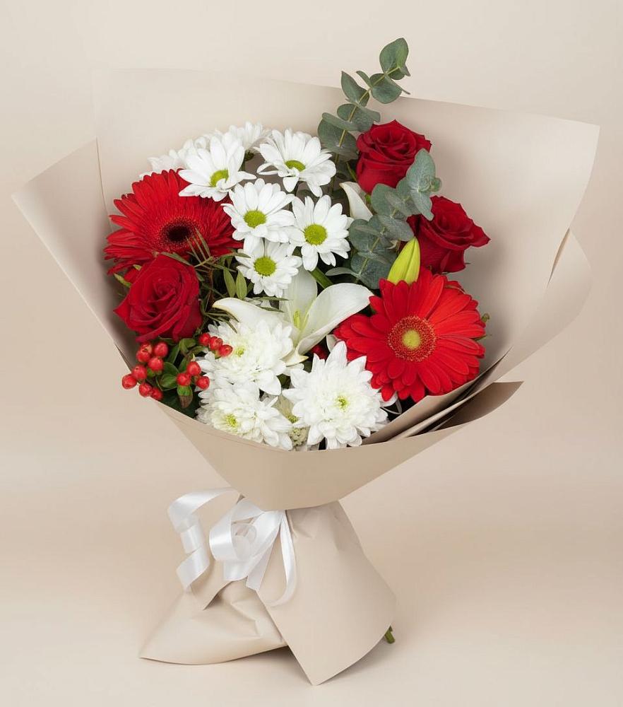 Букет цветов из: Розы, Хризантемы, Герберы и Лилии в Апастово