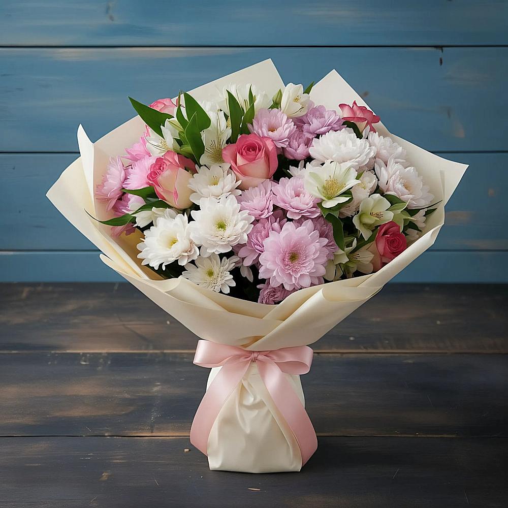 Букет цветов из: Хризантемы, Альстромерии и Розы в Апастово